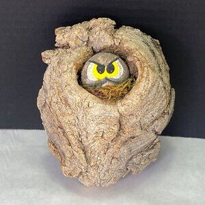 Vintage Painted Rock Owl in Wood Tree Branch Wall Decor